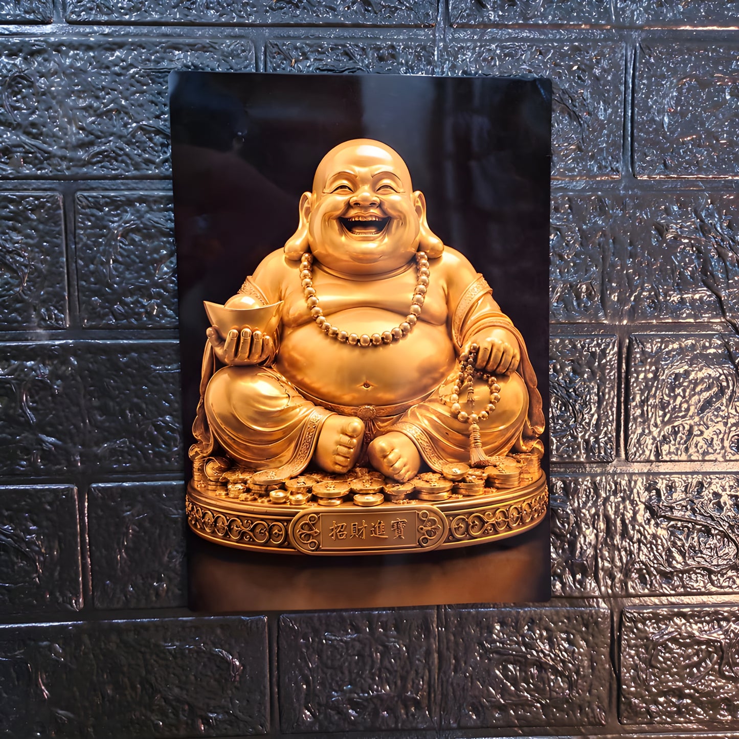Golden Laughing Buddha Metal Sheet Wall Decor | Premium Wealth & Prosperity Wall Art | A4 Metal Poster | HeatX India