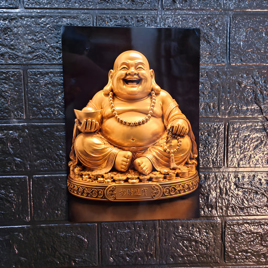 Golden Laughing Buddha Metal Sheet Wall Decor | Premium Wealth & Prosperity Wall Art | A4 Metal Poster | HeatX India