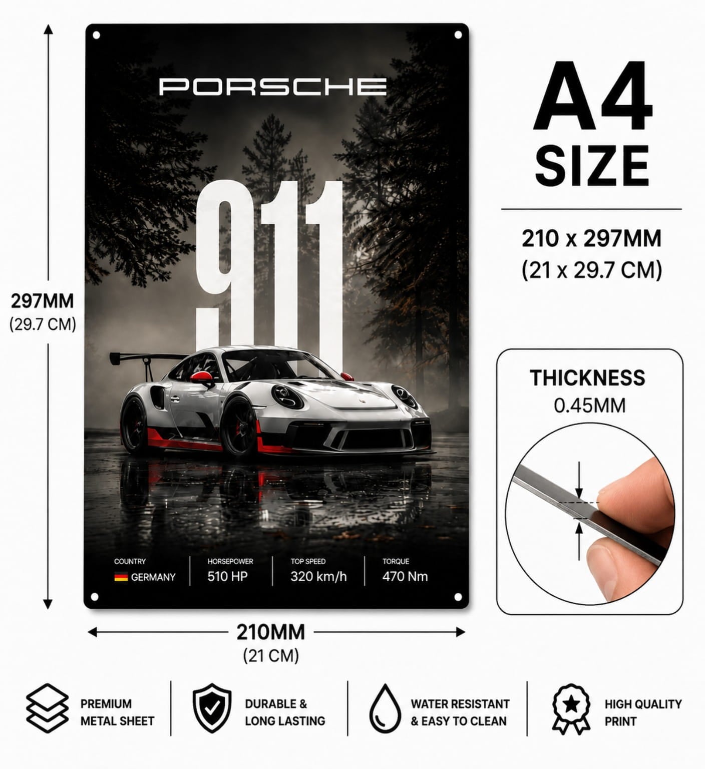 Porsche 911 GT3 RS Metal Wall Decor | A4 Supercar Poster | HeatX India