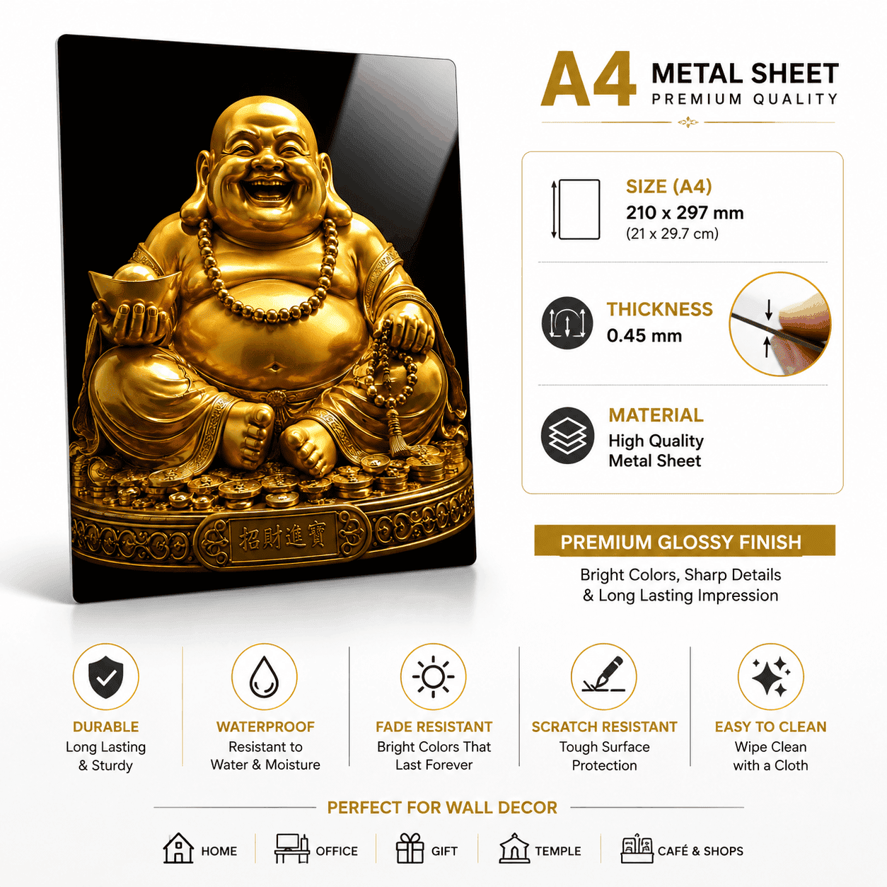 Golden Laughing Buddha Metal Sheet Wall Decor | Premium Wealth & Prosperity Wall Art | A4 Metal Poster | HeatX India