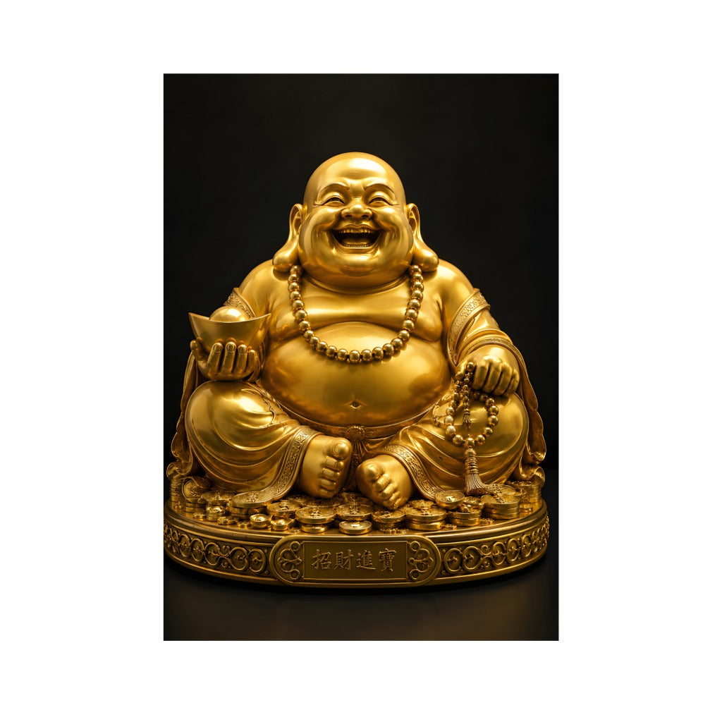 Golden Laughing Buddha Metal Sheet Wall Decor | Premium Wealth & Prosperity Wall Art | A4 Metal Poster | HeatX India