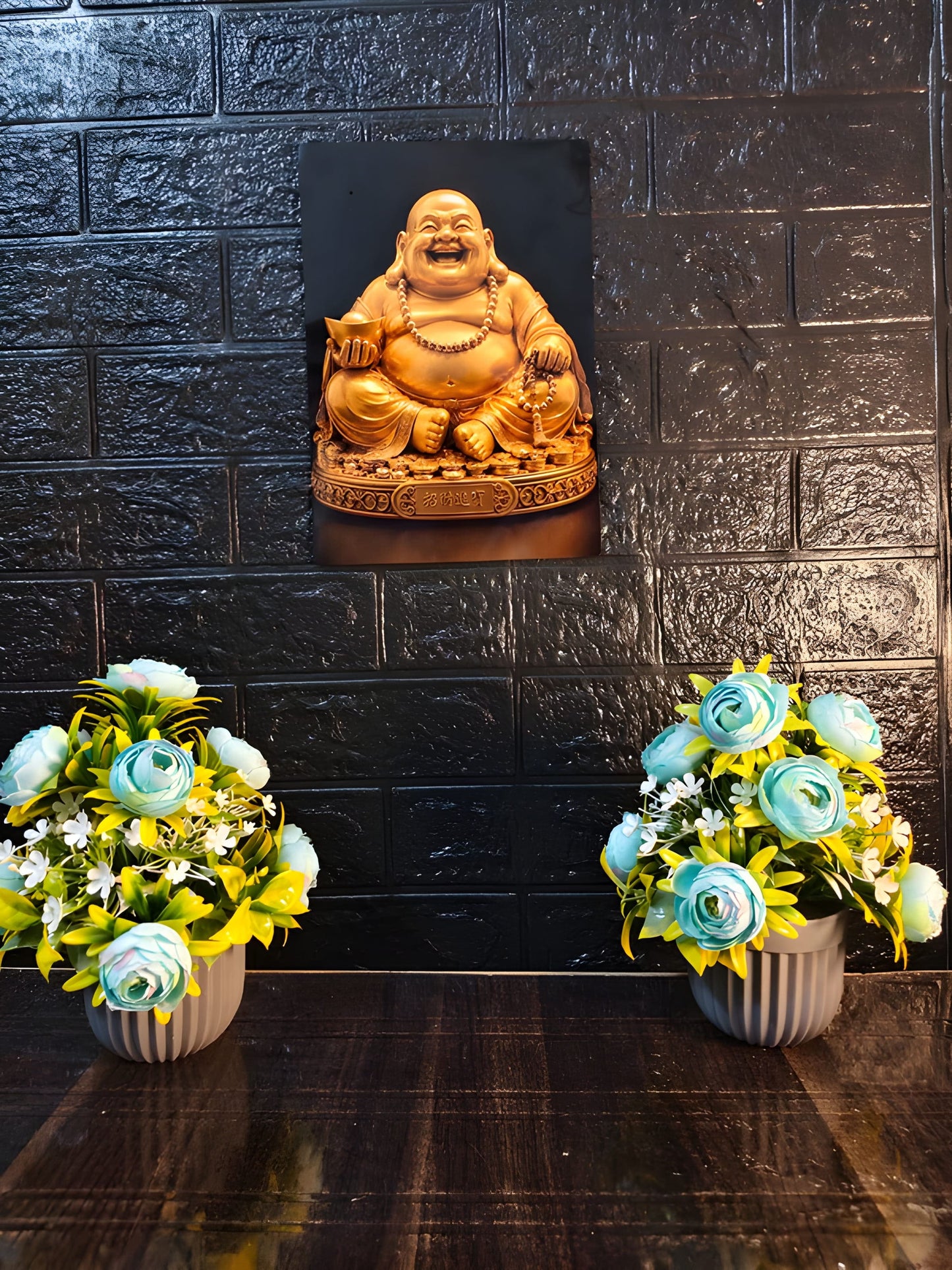 Golden Laughing Buddha Metal Sheet Wall Decor | Premium Wealth & Prosperity Wall Art | A4 Metal Poster | HeatX India